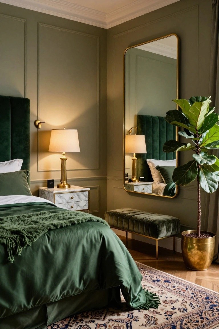 A bedroom corner with sage green paneled walls, emerald green velvet upholstered bed and bench, marble nightstand with gold lamp, tall gold-framed mirror, and potted fiddle leaf fig plant on parquet floor with patterned rug.