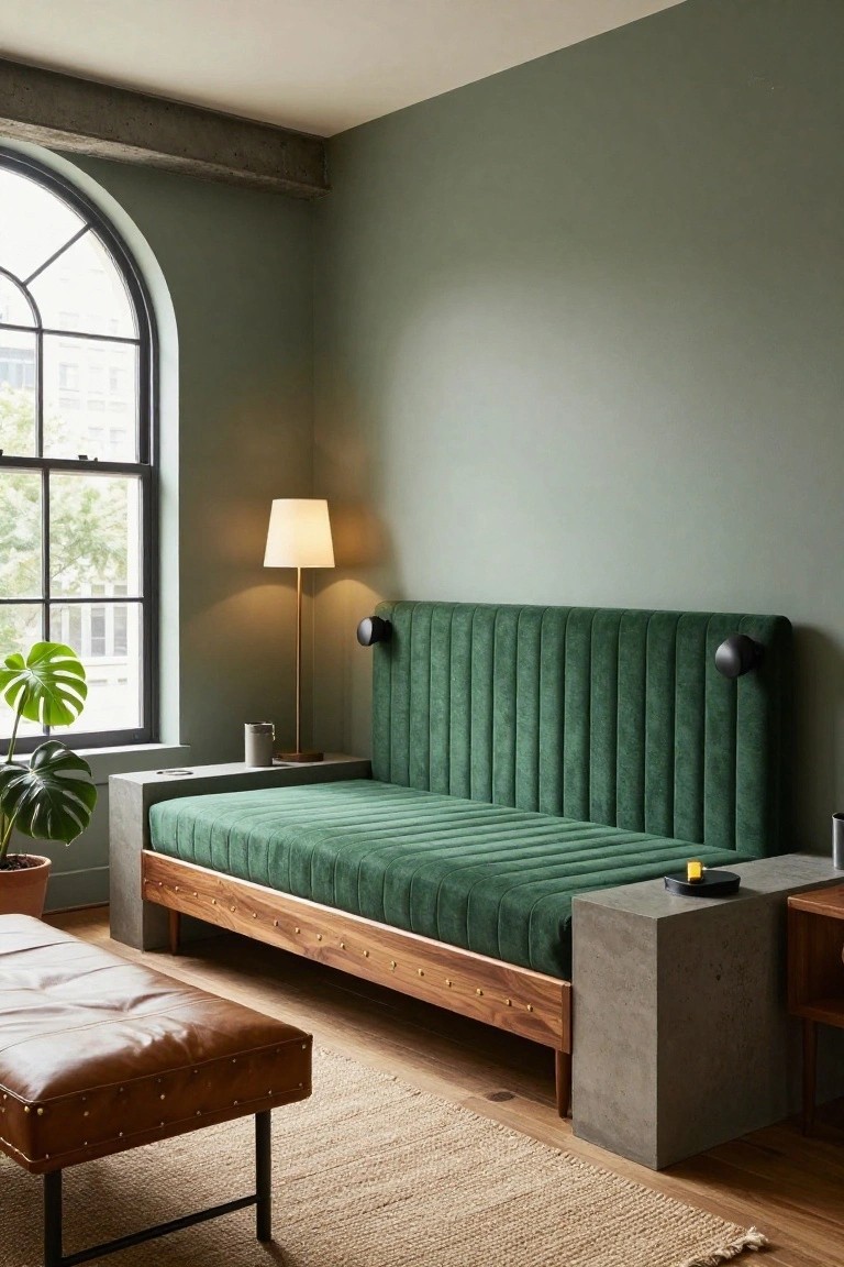 Green Velvet Daybed with Concrete Tables