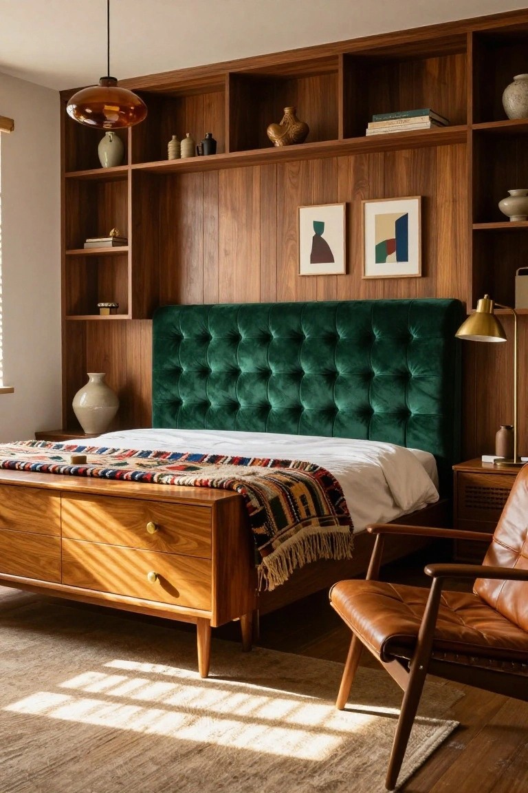 A bedroom with emerald green tufted velvet headboard built into wooden wall shelving, wooden bed frame with colorful throw and white sheets, wooden nightstand with lamp, large vase, and tan leather armchair on wood floor.