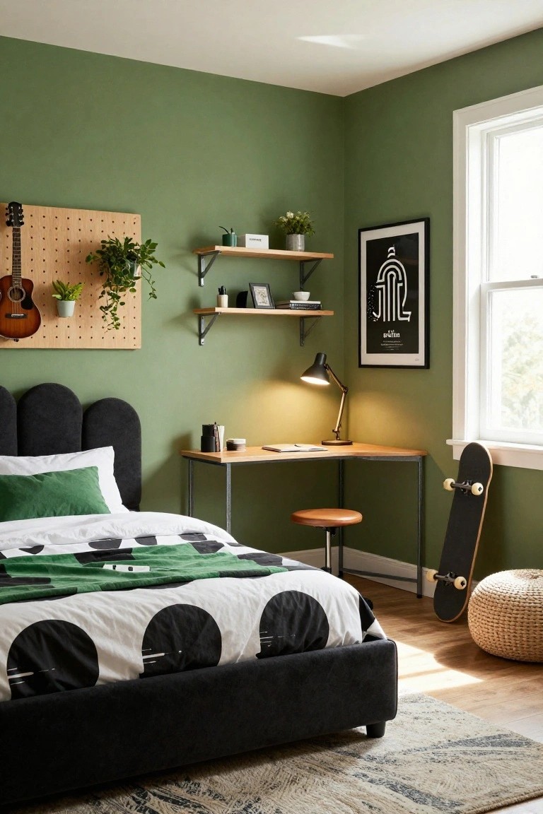 Sage green bedroom with black tufted headboard bed, white and green bedding, corner wooden desk with lamp, pegboard wall holding guitar and plants, floating shelves with pots, skateboard leaning nearby, rattan pouf, and window.
