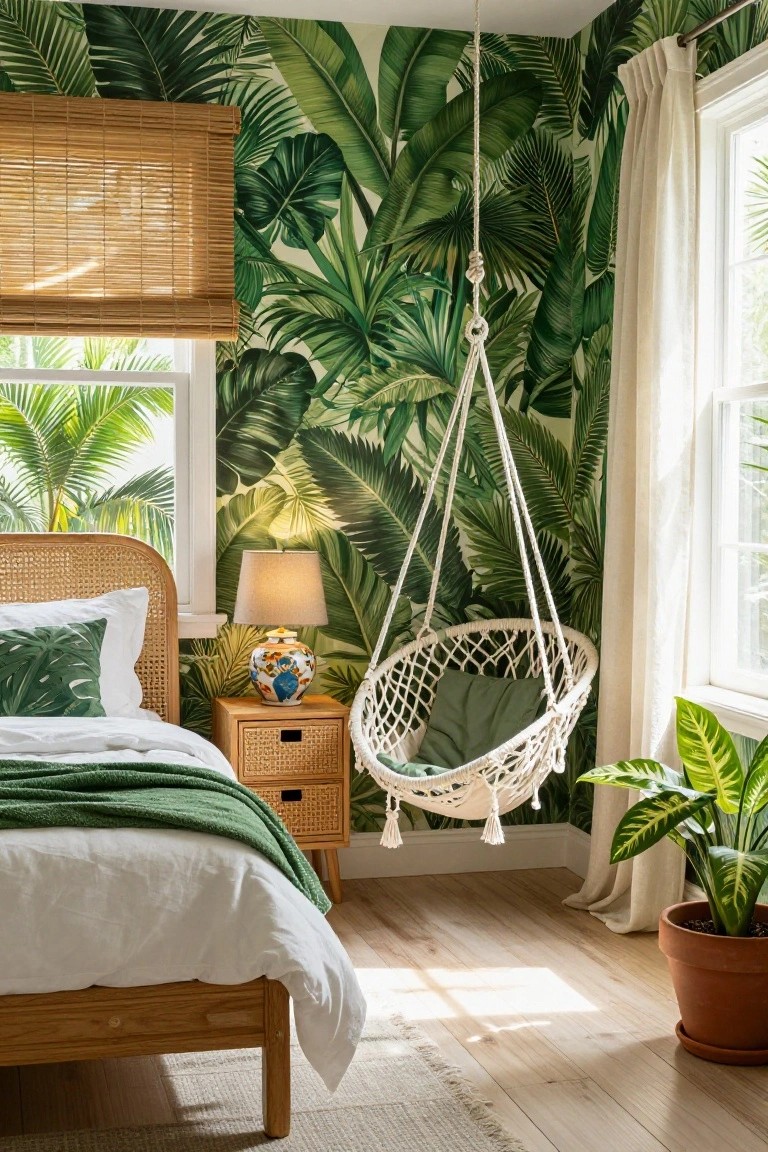 Bedroom with green banana leaf wallpaper on walls, rattan bed frame with white bedding and green throw, hanging white macrame hammock chair with green cushion, wooden side table with lamp and vase, potted plant, and window with bamboo shade.