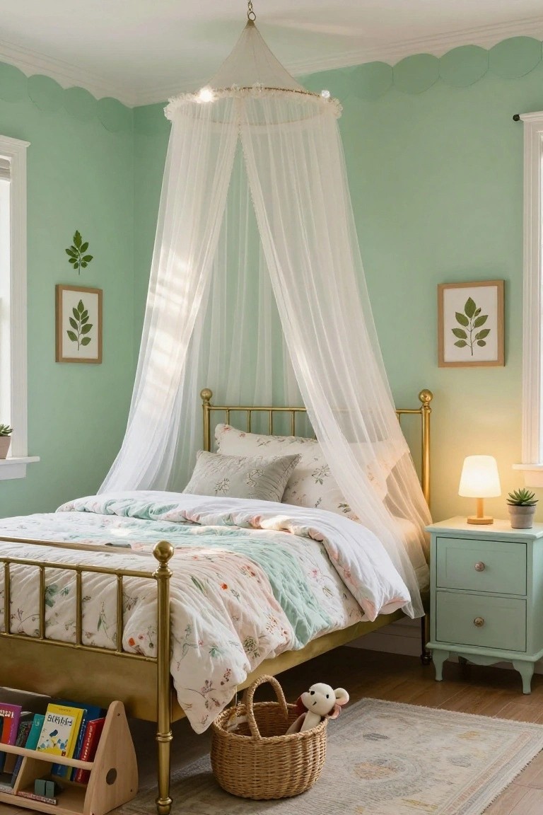 Mint green child's bedroom with gold metal bed frame draped in white sheer canopy, matching nightstand with lamp and plant, wooden bookshelf with books, wicker basket, and teddy bear on floor next to patterned rug.