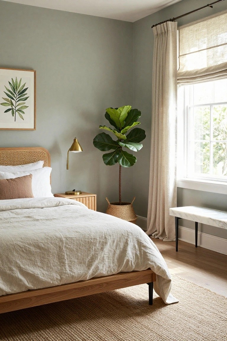 Corner of a bedroom with pale sage green walls, rattan headboard bed draped in white linens and a blush pillow, large fiddle leaf fig plant in seagrass basket next to window with beige linen curtains, gold wall lamp on bamboo nightstand, seagrass rug on light wood floor.