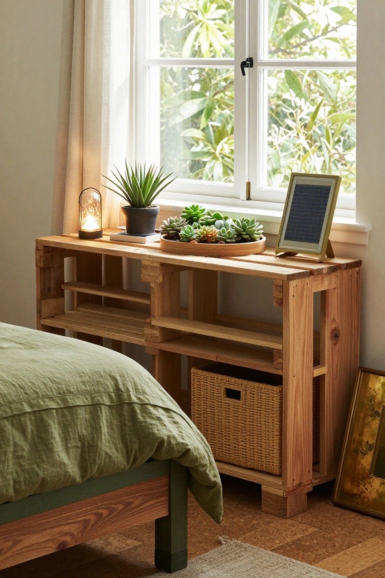 Bedroom corner with a multi-shelf wooden pallet nightstand beside a green bed, topped with a glass lamp, potted plants, and succulents near a window.