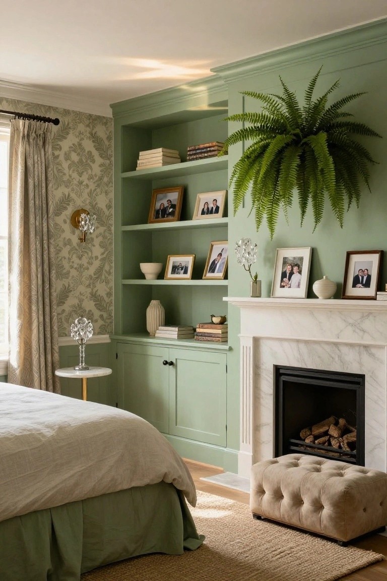 Bedroom interior with sage green painted built-in bookshelves and cabinets around a marble fireplace, displaying books, framed photos, ceramics, and a large potted fern, next to a bed with white linen bedding and a beige ottoman on a seagrass rug.