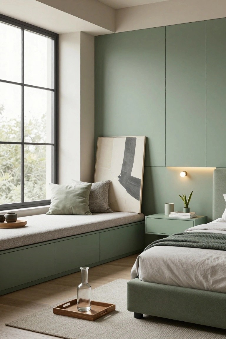 A bedroom corner with sage green built-in window seat, matching cabinets, bed platform, and nightstand next to a large black-framed window overlooking trees.