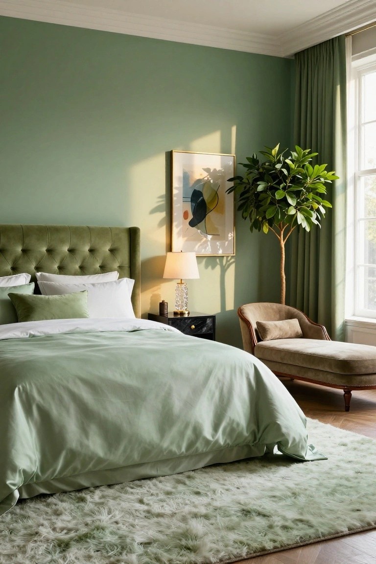 A bedroom featuring sage green walls, a tufted green velvet headboard with white pillows and green bedding, a bedside table with lamp, a potted plant by the window with green curtains, a beige chaise lounge, and a fluffy light green rug on a wood floor.