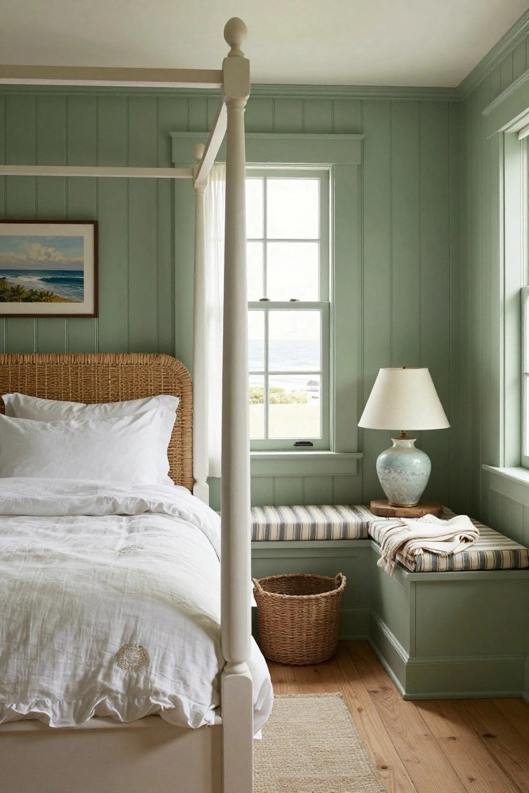 Bedroom with light green vertical paneled walls, white four-poster bed with rattan headboard and white linens, window overlooking ocean, green-painted window seat with striped cushion and lamp.