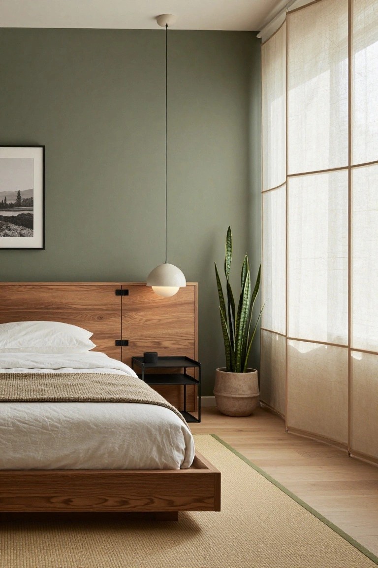 Bedroom corner featuring sage green walls, low wooden platform bed with white sheets and beige throw, black side table, potted snake plant, and sheer curtains over tall windows.