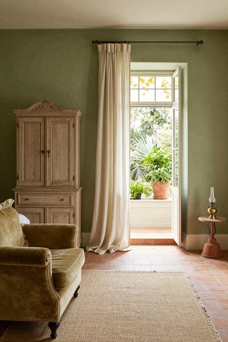 Sage green interior room with tall carved wooden armoire, mustard velvet armchair on terracotta tiles, open French doors showing potted plants and garden, linen curtain, and seagrass rug.