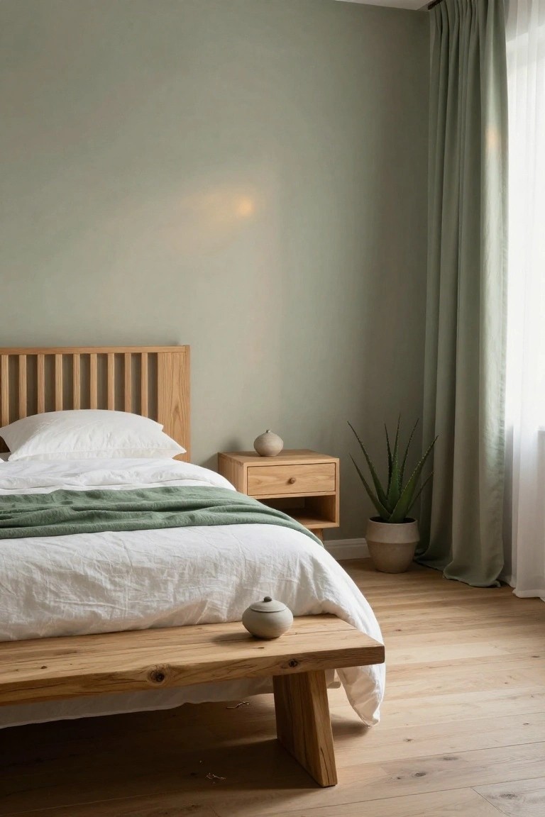 Bedroom interior with pale sage green walls, light oak slatted headboard bed with white sheets and green throw, oak nightstand holding a ceramic pot and aloe plant in terracotta pot, wooden bench at bed foot, oak flooring, and sheer green curtains on window.