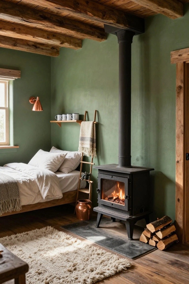 Sage green bedroom interior with wooden beams, lit wood-burning stove next to bed, ladder shelf holding mugs and blanket, copper lamp by window, copper pot, and firewood stack on slate hearth.