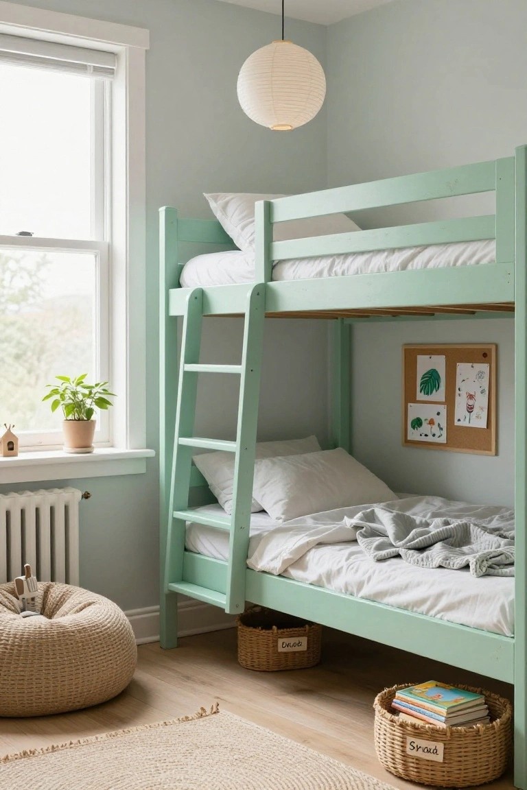 A mint green wooden bunk bed in a pale green bedroom with white pillows and sheets on both levels, ladder on the right side, corkboard with children's artwork nearby, potted plant on windowsill, beige pouf chair, and labeled wicker baskets under the lower bunk.
