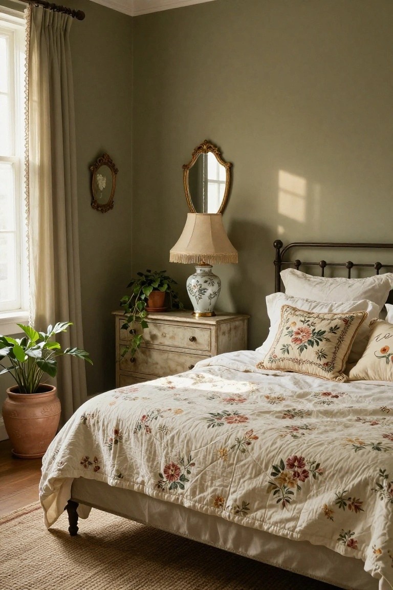 A bedroom corner with sage green walls, antique iron bed draped in a white floral quilt, distressed wooden nightstand holding a porcelain vase and fringed lamp, potted plants, gilded mirrors, and sheer curtains at the window.