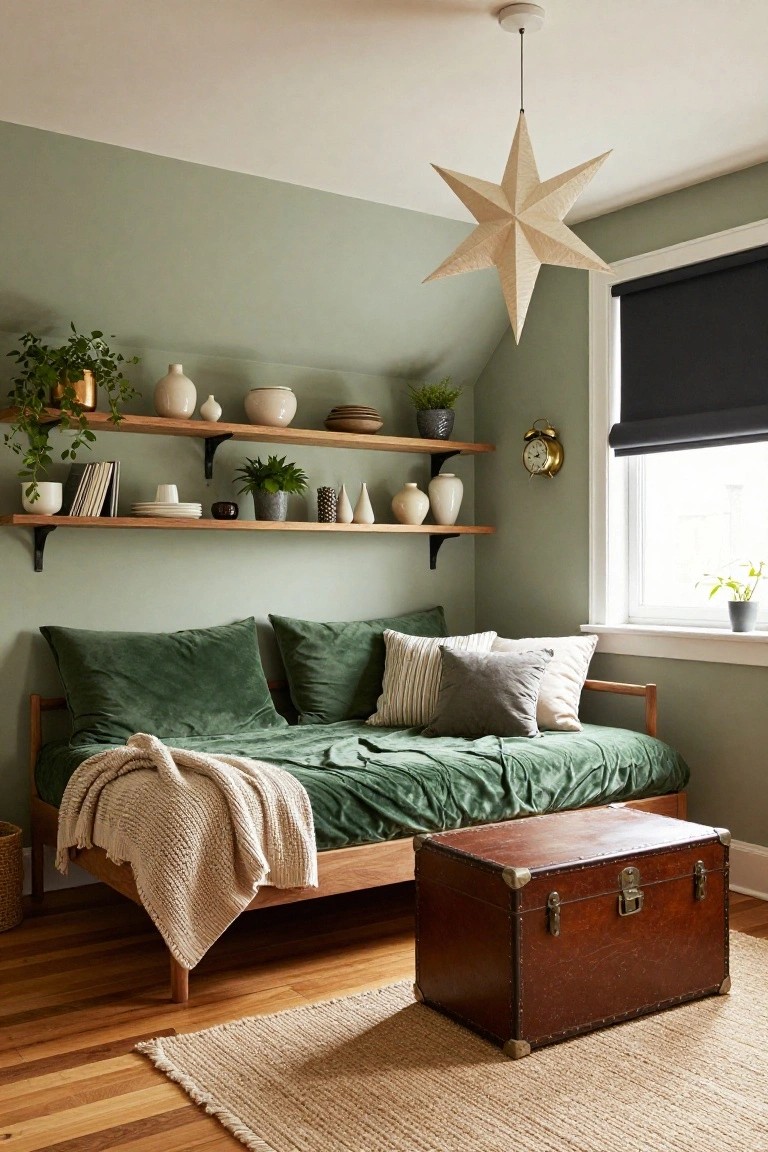 Sage green bedroom interior with emerald green velvet daybed draped in a cream throw, wooden floating shelves holding plants, ceramics, and books, hanging paper star lantern, brass wall clock, black roller blind on window, leather trunk, seagrass rug, and hardwood floors.