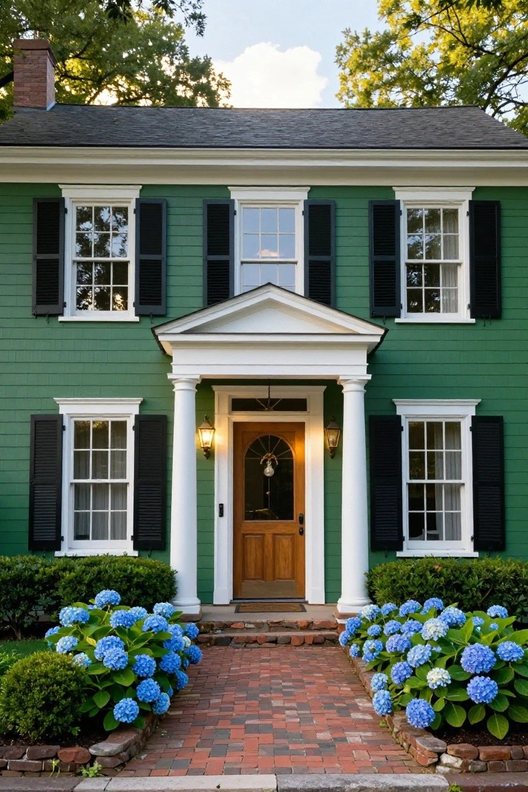 Two-story green colonial house with black shutters, white trim, columned front porch, wood entry door with lanterns, brick walkway, and blue hydrangea bushes on both sides.