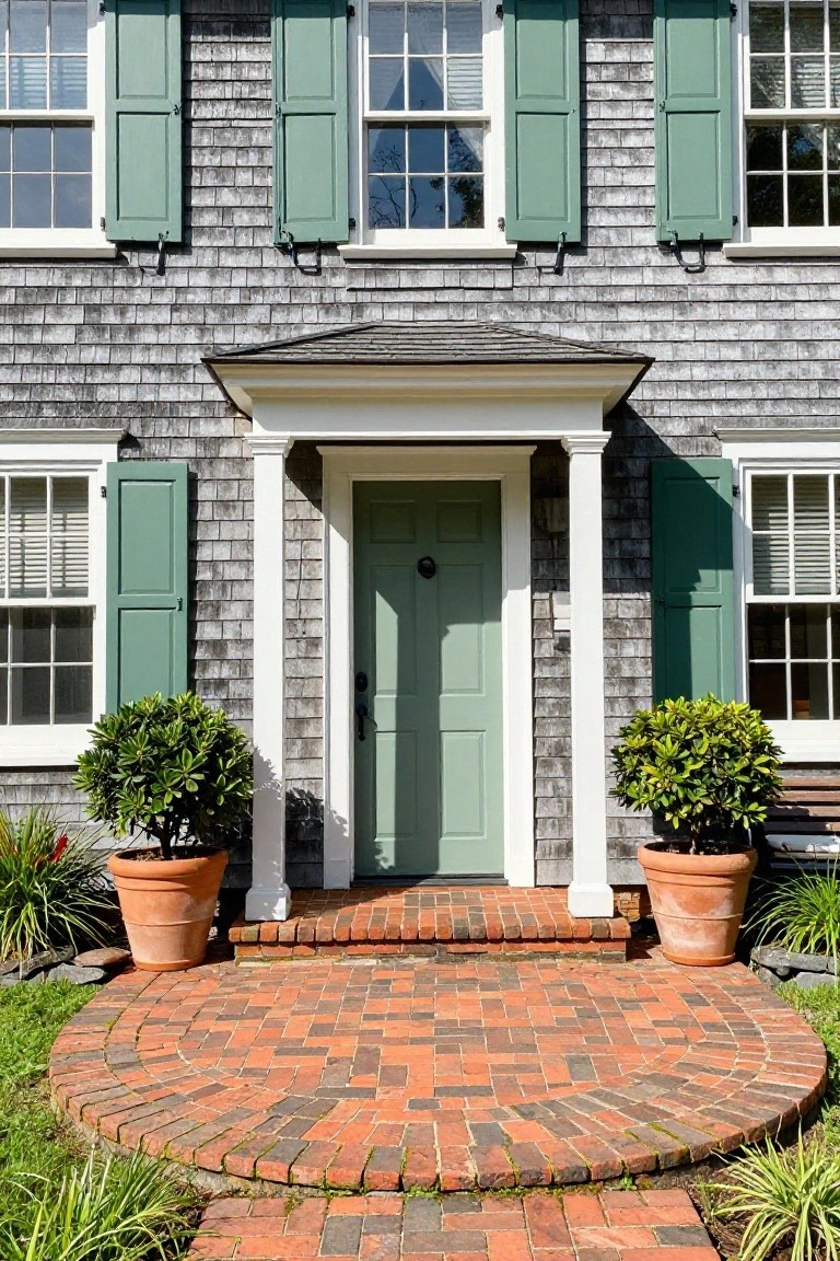 Gray shingle-sided two-story colonial house with green shutters on windows, green front door under a white porch with columns, boxwood shrubs in orange pots flanking the entry, and a circular red brick paver path.