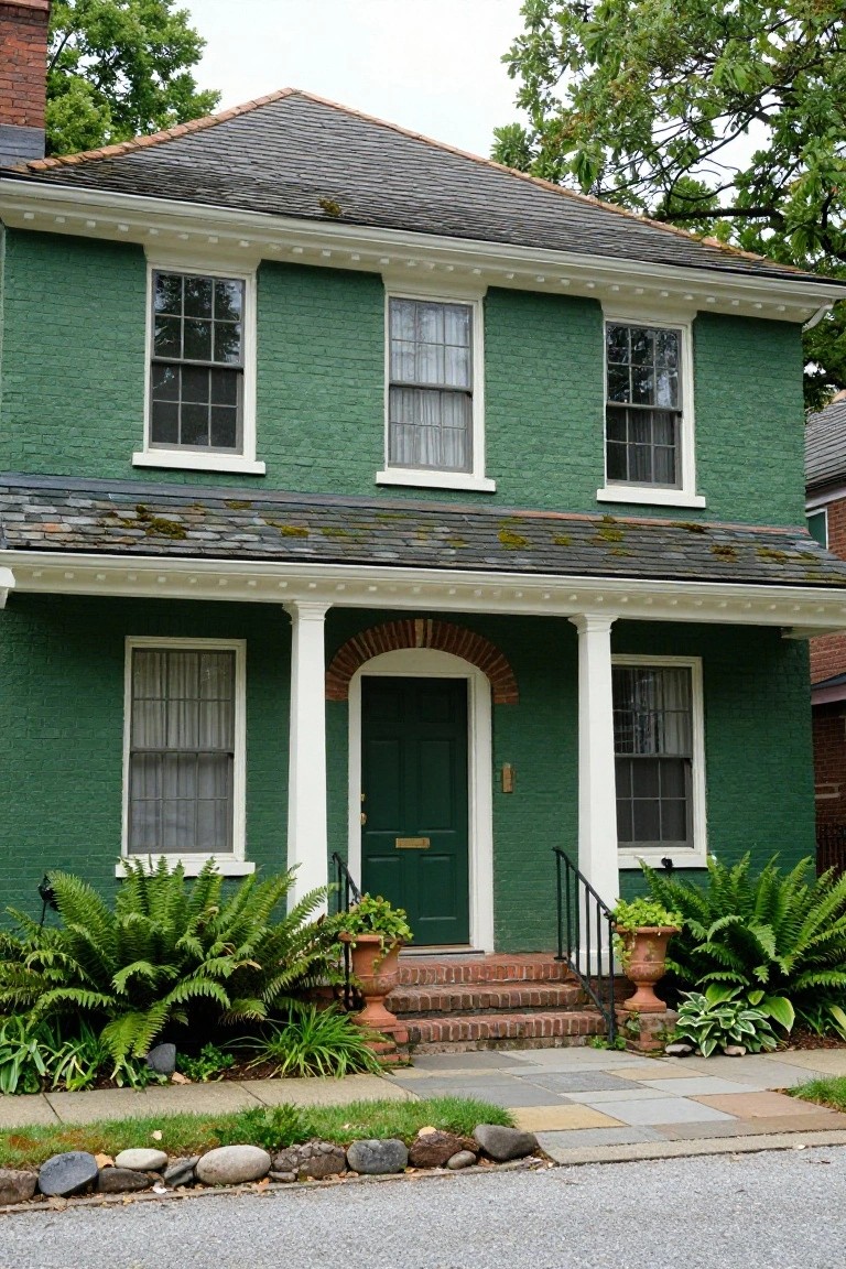 Two-story green brick colonial house with slate roof, white trim and columns on covered porch, green front door, ferns flanking steps, and stone-bordered walkway.