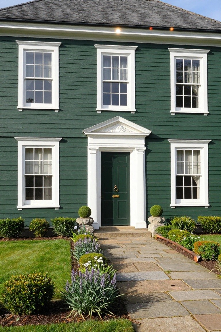 Two-story green clapboard colonial house with white trim on symmetrical double-hung windows, pedimented white entry portico with dark green door and brass knocker, flanked by spherical boxwoods on stone pedestals, leading to a flagstone path through landscaped front yard.
