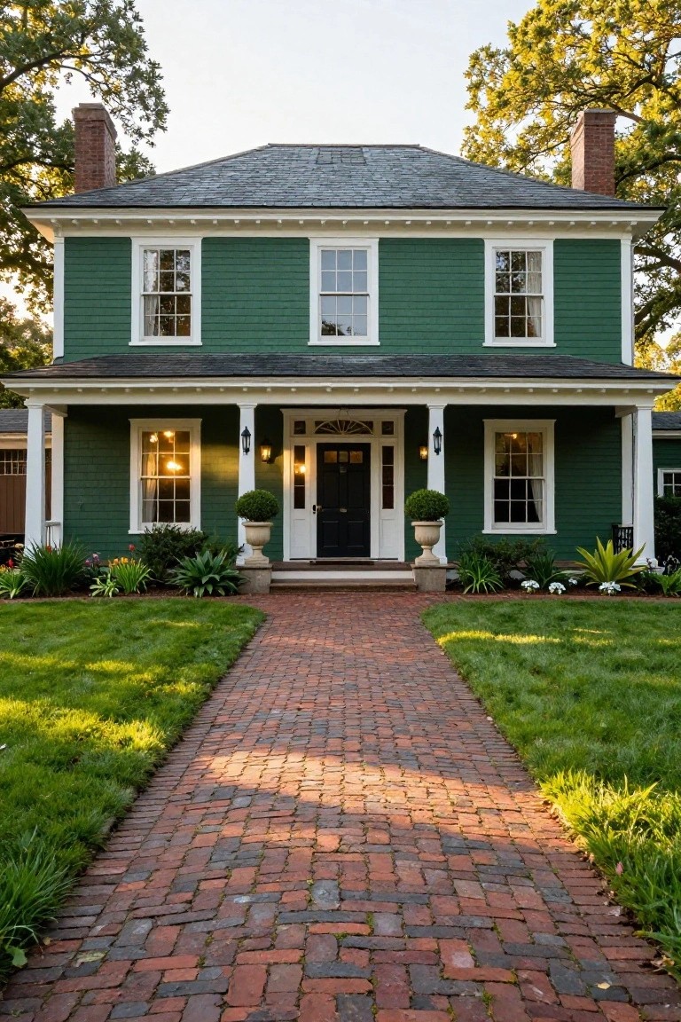 Two-story green shingle-sided colonial house with white trim, covered front porch, black door, potted topiaries, and red brick path through lawn bordered by plants and trees.