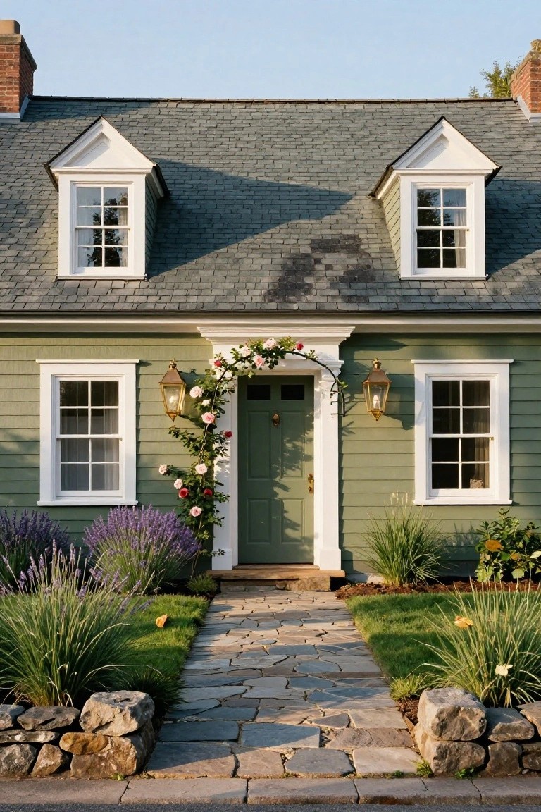 Green colonial house exterior with climbing roses draping over the front door and white trim, flanked by lanterns, lavender bushes, ornamental grasses, and a stone pathway leading to the entry.