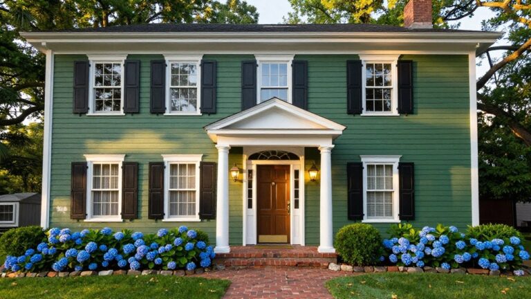 Two-story green colonial house with black shutters, white trim, columned front porch, wood entry door with lanterns, brick walkway, and blue hydrangea bushes on both sides.