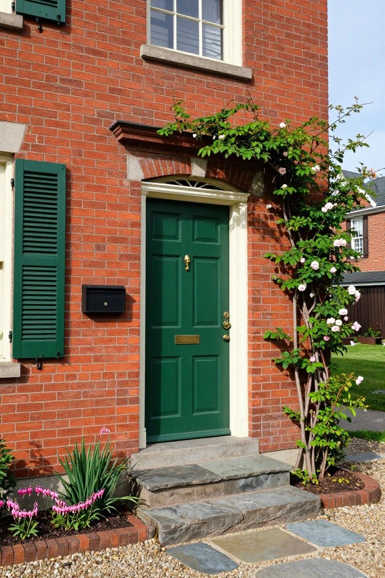 Red brick colonial house exterior with green front door, brass knocker and knob, green shutters, black mailbox, climbing roses on right side, stone entry steps, and low plantings in front.