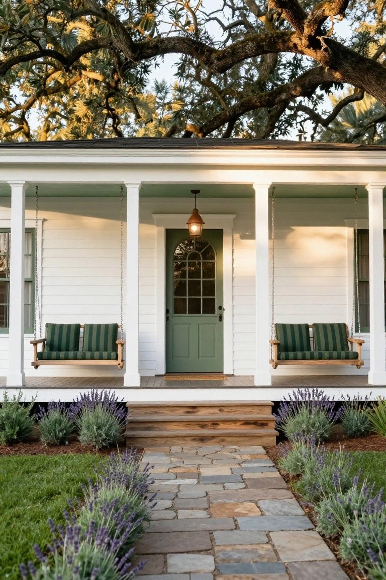 White clapboard colonial house with green front door, arched glass window, hanging wooden porch swings with green striped cushions, white columns, wooden steps, stone walkway lined with lavender plants, and green lawn.