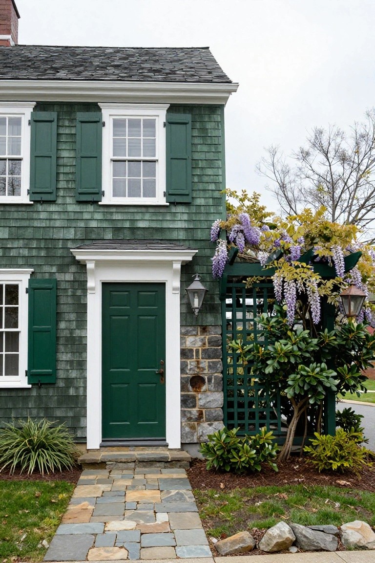 Green shingled two-story colonial house with dark green door and shutters, white trim, wisteria-covered green pergola arbor beside the entry, stone walkway, and surrounding shrubs and plants.