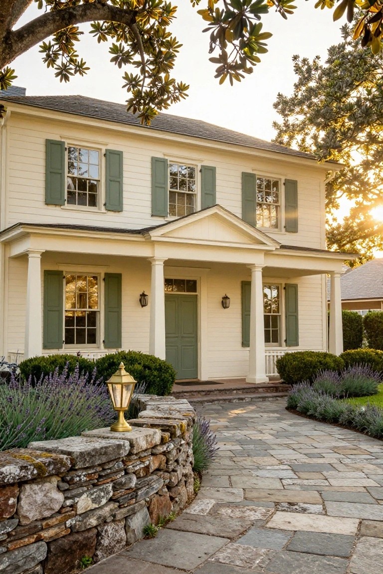Two-story cream house with green shutters and trim, front porch supported by white columns, dark green double doors, stone wall with lavender plants, flagstone path, and gold lantern beside the entry.