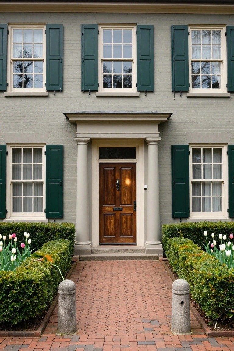 Gray colonial-style house with dark green shutters on multipane windows, wooden front door under a portico with columns, brick pathway flanked by boxwood hedges and tulips.