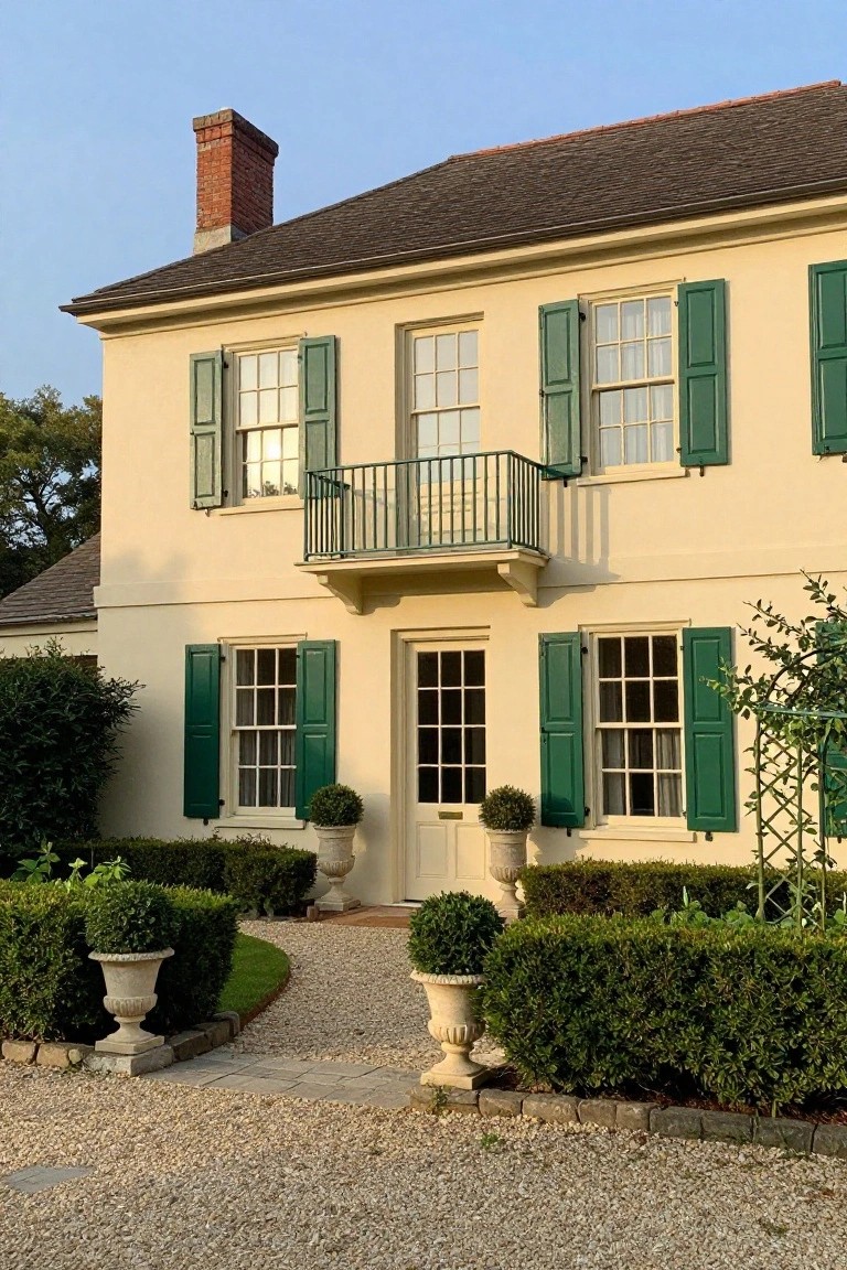 Two-story beige colonial house with green shutters on all windows, a second-floor balcony, central front door, and boxwood topiaries flanking a gravel path.
