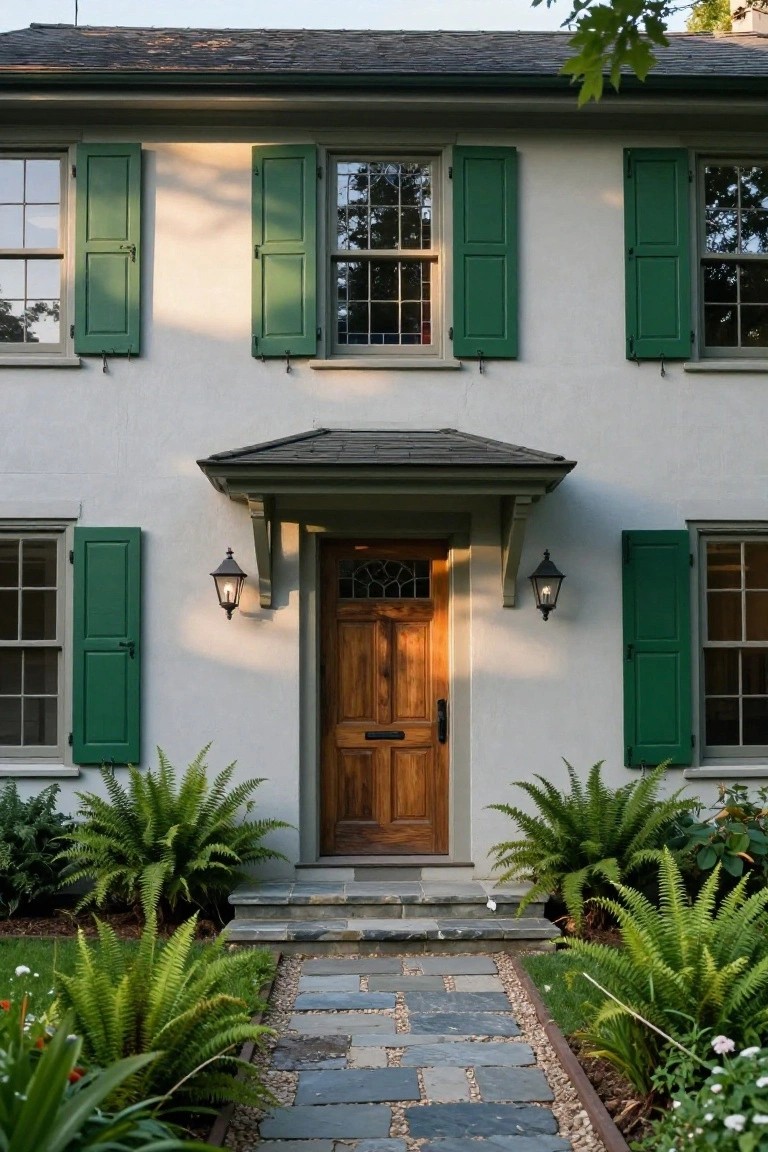 Green Shutters on White Colonial Homes