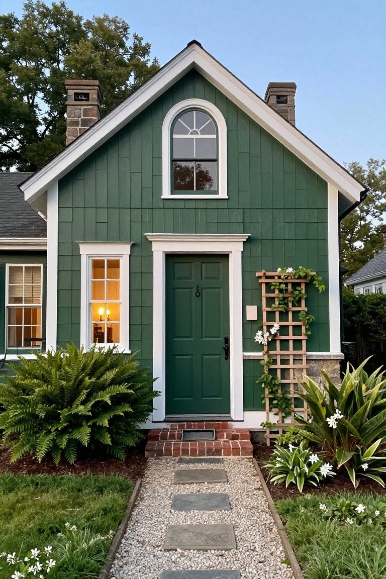 Small two-story green clapboard colonial house with white trim, gabled roof, arched attic window, lit window, green front door, climbing vine trellis, ferns, and plants along a stone path entryway.