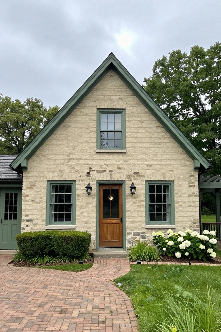 Beige brick colonial house with green trim on gabled roof edges, window frames, and double doors, wooden front door with lanterns, boxwood shrubs on one side, white hydrangeas on the other, and curved brick pathway leading to entrance.