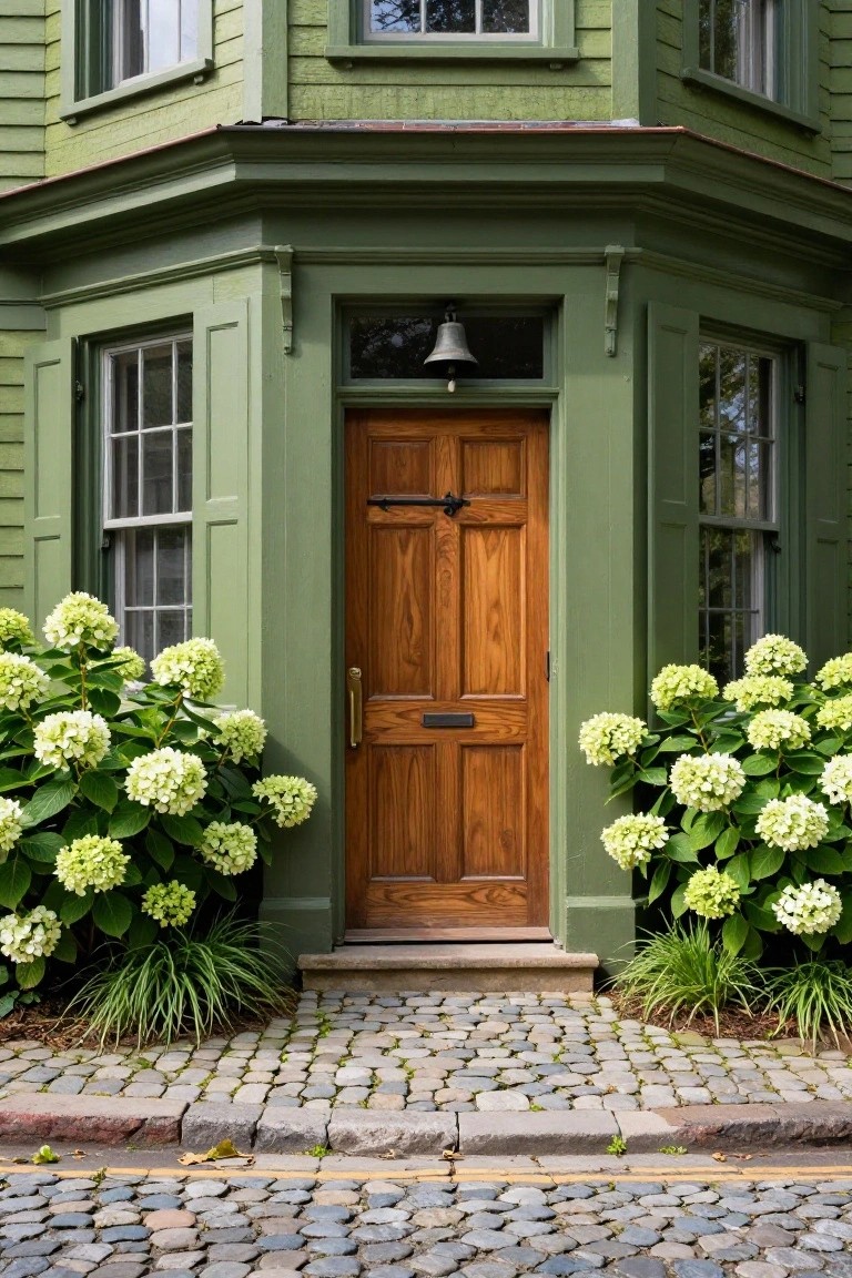 Hydrangeas Flank the Colonial Front Door