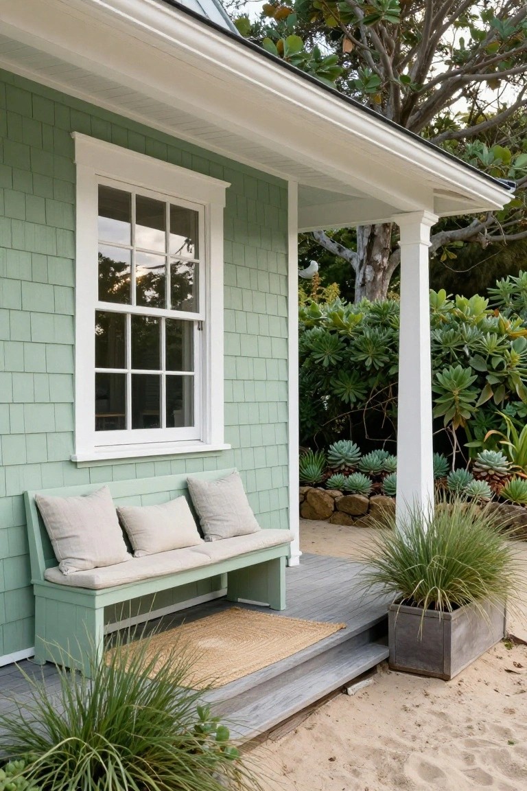 Pale green shingled house exterior with white-trimmed double-hung window, porch bench with beige cushions, seagrass rug, potted grasses, and succulents beside sandy ground.