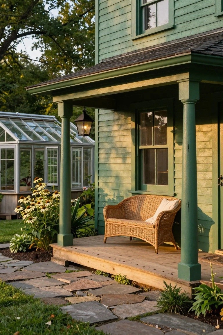 Green painted wood-sided house corner with covered porch, tall columns, hanging lantern, wicker loveseat with white pillow, potted plants and flowers, stone path, and greenhouse structure nearby.