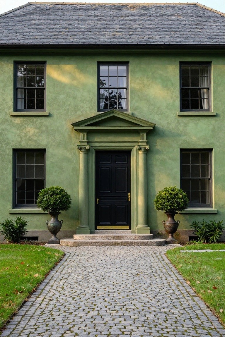 Two-story sage green colonial house with slate roof, black sash windows, pedimented portico entry with columns and black door, flanked by boxwood topiaries in urns, and a cobblestone path.
