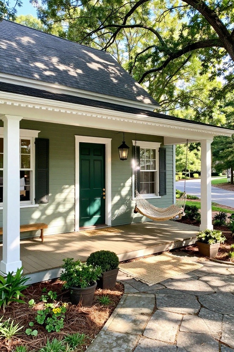 Sage green clapboard colonial house exterior with white trim, emerald green front door, covered porch supported by white columns, hanging lantern and hammock, potted plants, and stone pathway.