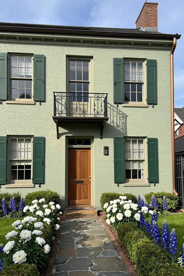 Two-story colonial house with pale green painted brick walls, dark green shutters, central wooden door, second-floor iron balcony, copper gutters, and stone entry path lined with white peony flowers, blue delphiniums, and boxwood hedges.