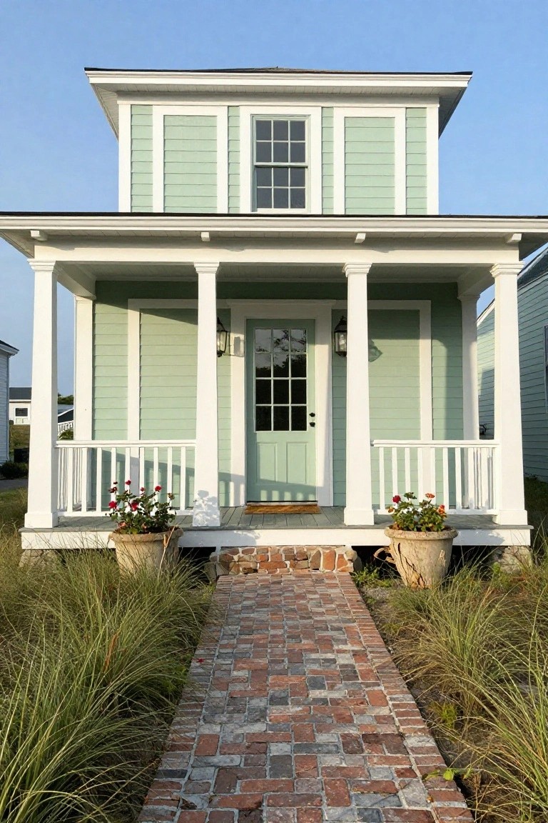 Soft Green Siding on a Porch Colonial