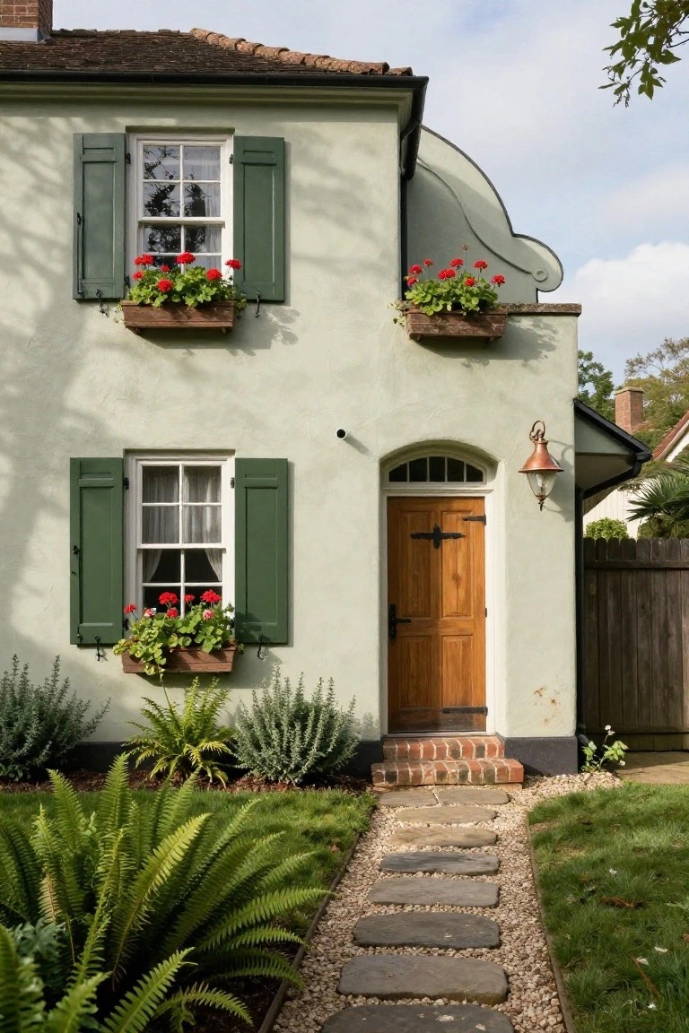 Pale green stucco house exterior with dark green shutters on multi-pane windows, red geraniums in wooden window boxes, arched wooden front door with black iron hardware and copper lantern, brick steps, stone path, and low ground plantings in the front yard.