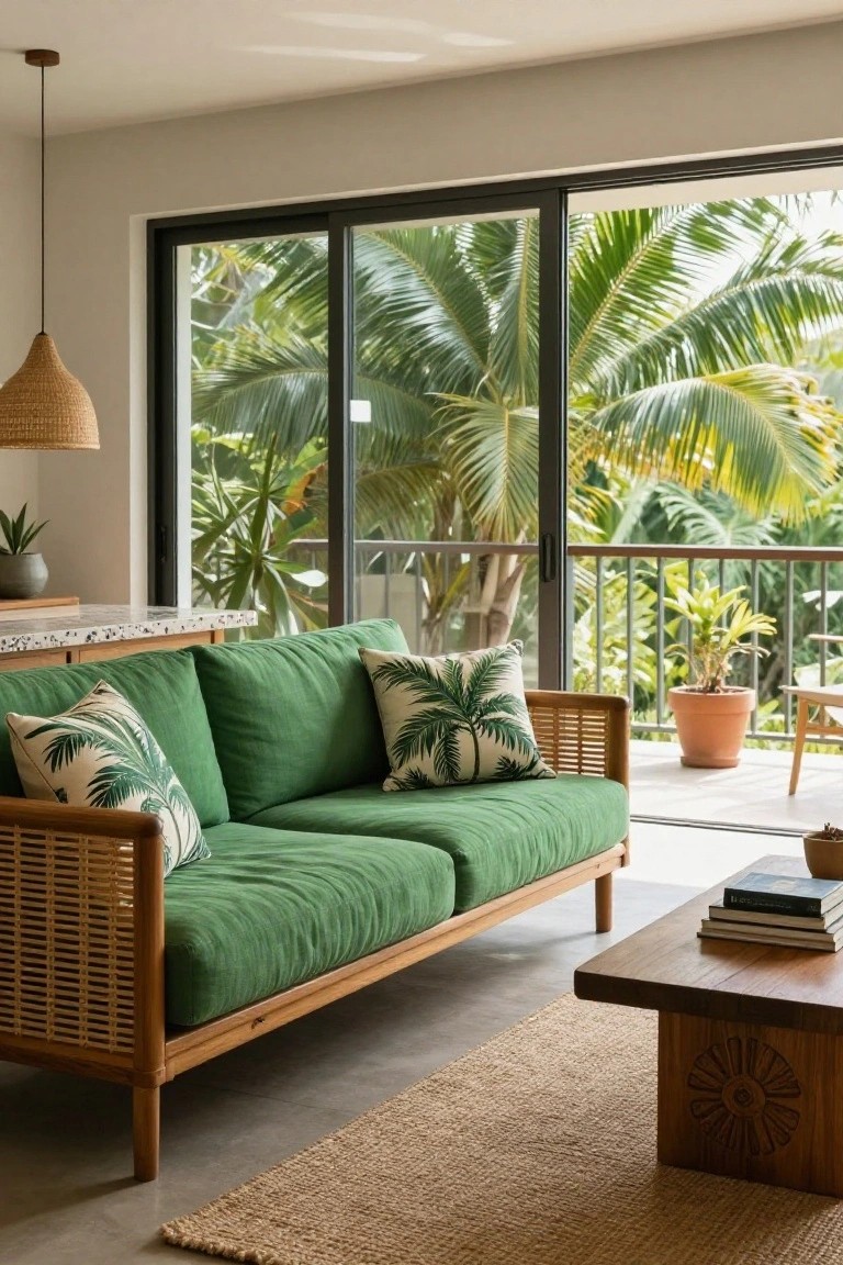 Green upholstered sofa with rattan frame and arms in a living room featuring large sliding glass doors to a balcony with palm trees, neutral walls, wood coffee table, and potted plants.