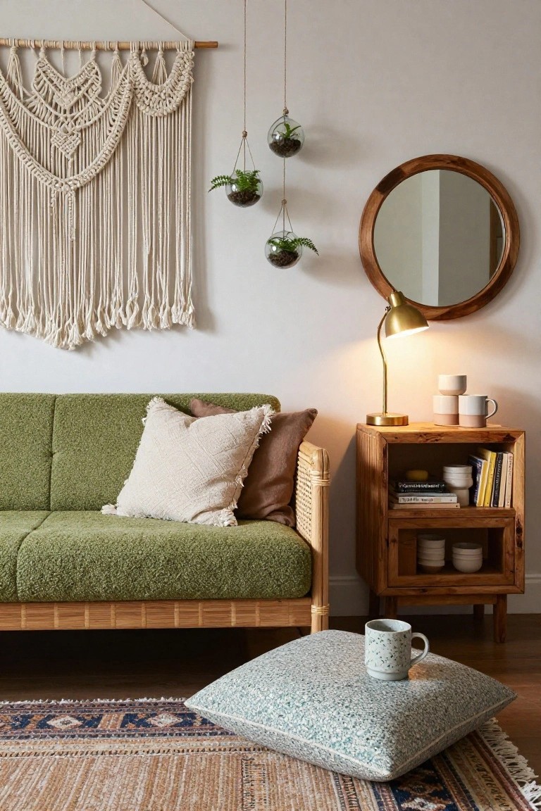 Green tufted sofa on wooden frame in a living room with macrame wall hanging, hanging plant terrariums, wooden rattan-accented side table with lamp and ceramics, floor cushion, and patterned rug.