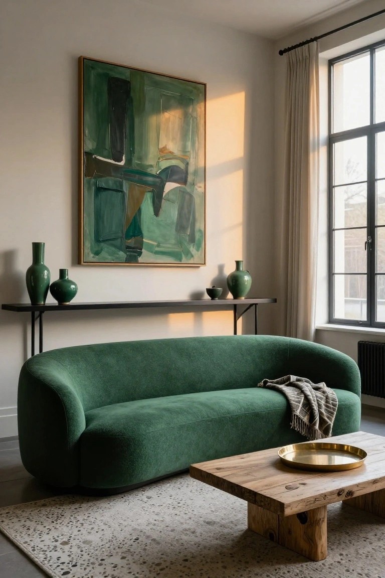 Curved Green Sofa Takes Center Stage