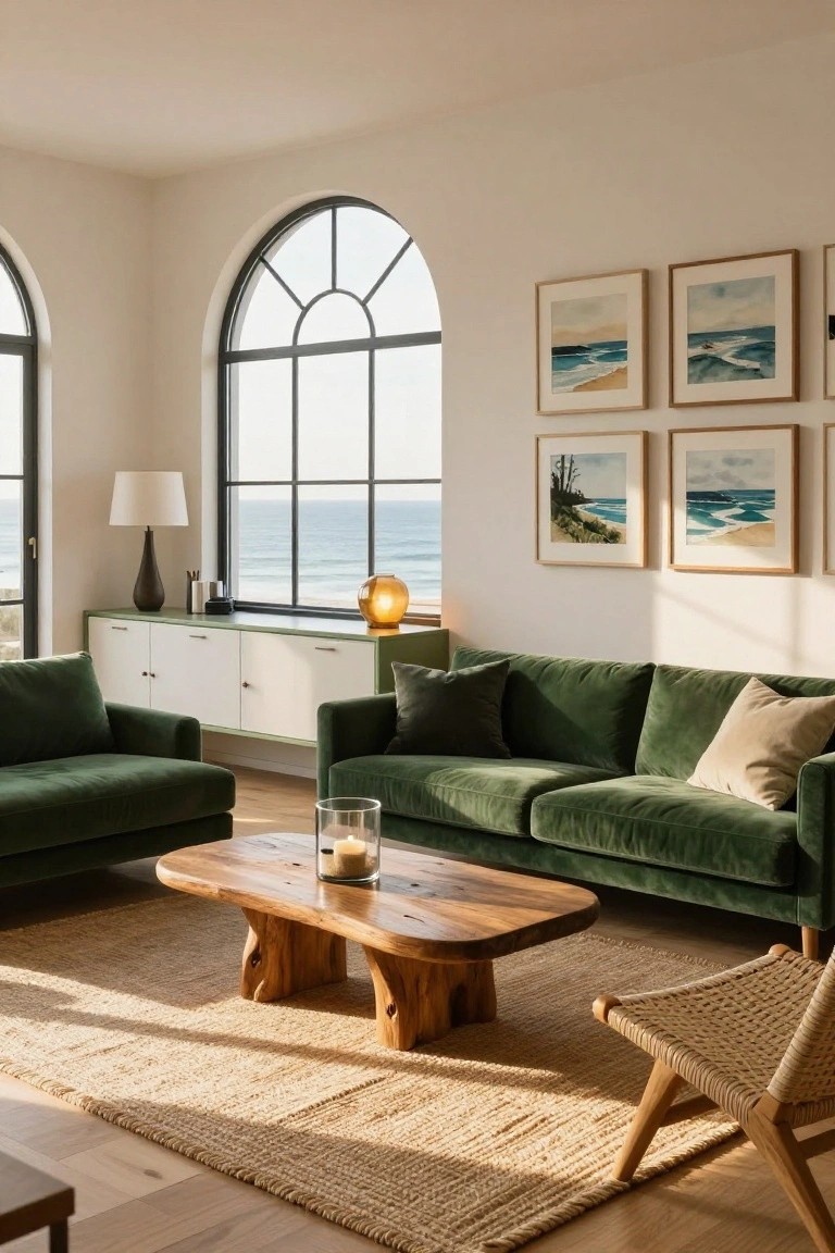 A bright living room with two green velvet sofas, a low wooden coffee table holding a candle, seagrass rug, and large arched black-framed windows overlooking the ocean, plus wall art of beach scenes.