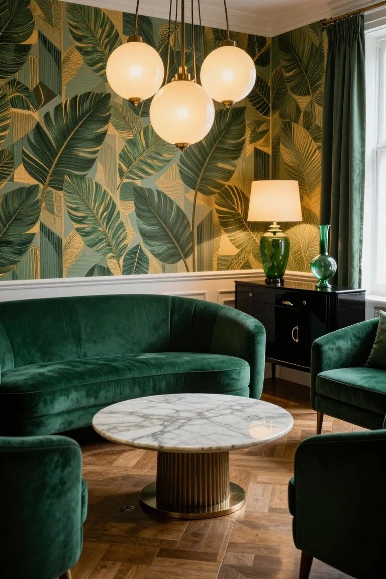 A living room with curved emerald green velvet sofa and armchairs arranged around a round white marble coffee table on parquet flooring, green palm leaf wallpaper on walls, brass pendant lights overhead, and green glass lamps on a black sideboard.