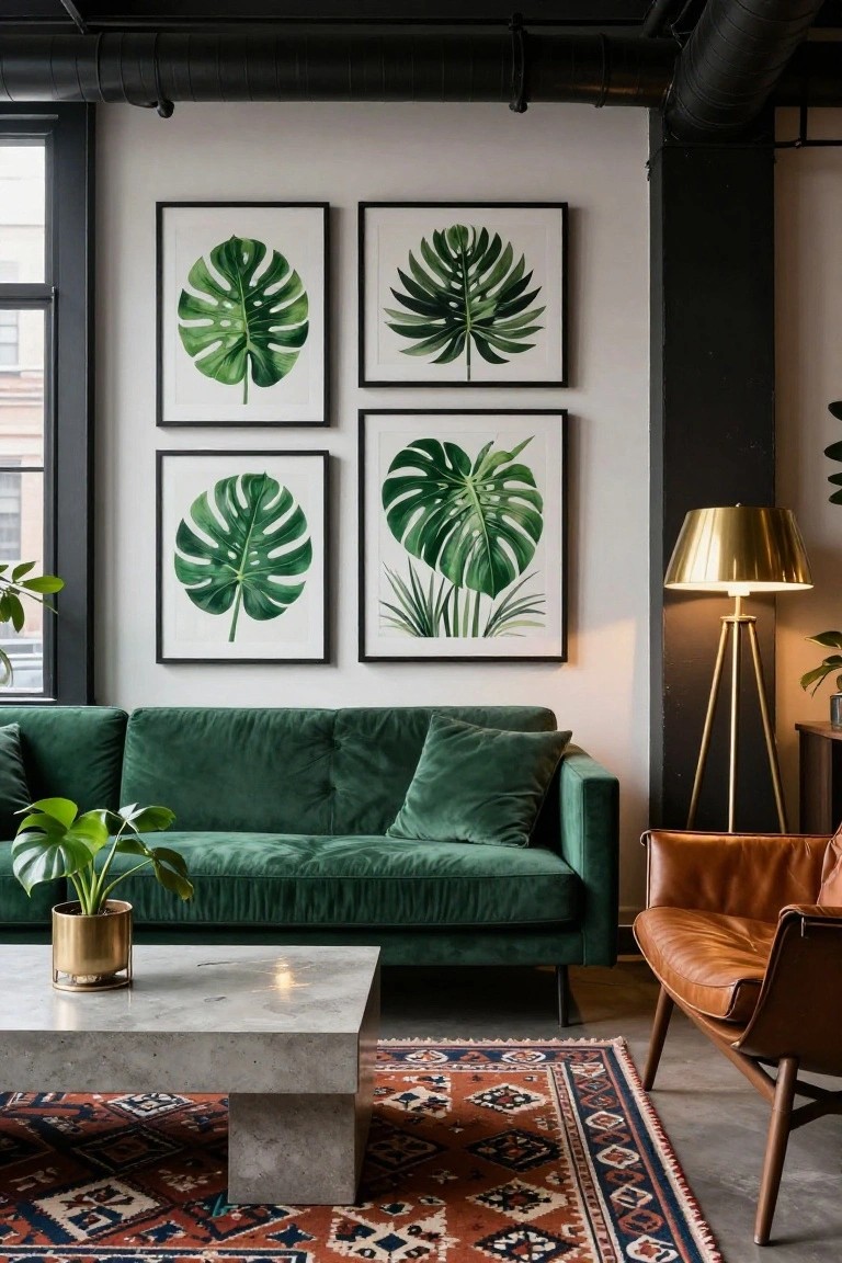 Living room interior with emerald green velvet L-shaped sofa, black-framed green monstera leaf art prints on white wall, concrete coffee table holding gold pot with plant, brass tripod floor lamp, tan leather armchair, potted plants, and red-toned patterned rug on concrete floor with exposed black pipes overhead.