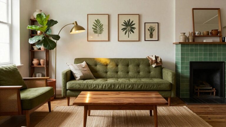 24 Green Living Room Decor Ideas Living room with green tufted velvet sofa, matching green wooden bookshelves stocked with white ceramics and vases, green tiled fireplace, large potted fiddle leaf fig plant, wooden coffee table, rattan armchair, and seagrass rug on wood floors.